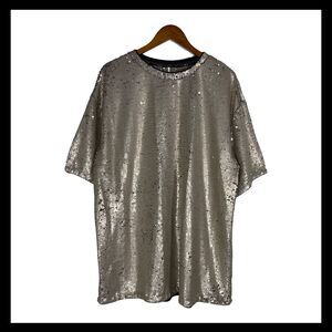 Free People Silver Sequin Mini Dress Size Large Oversized Tunic Party Holiday